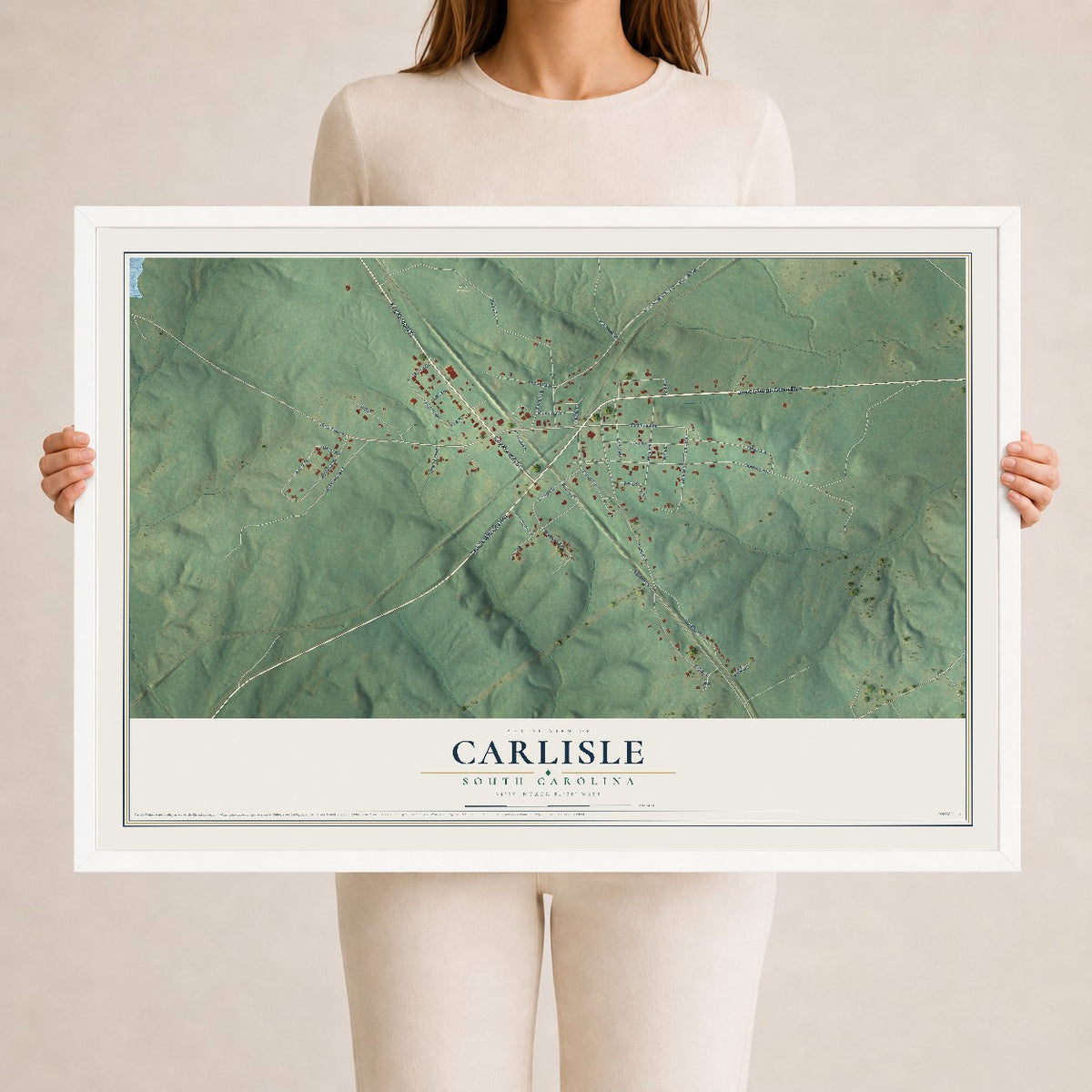 Map of Carlisle, South Carolina, 24 x 36 inch print in a white wood frame