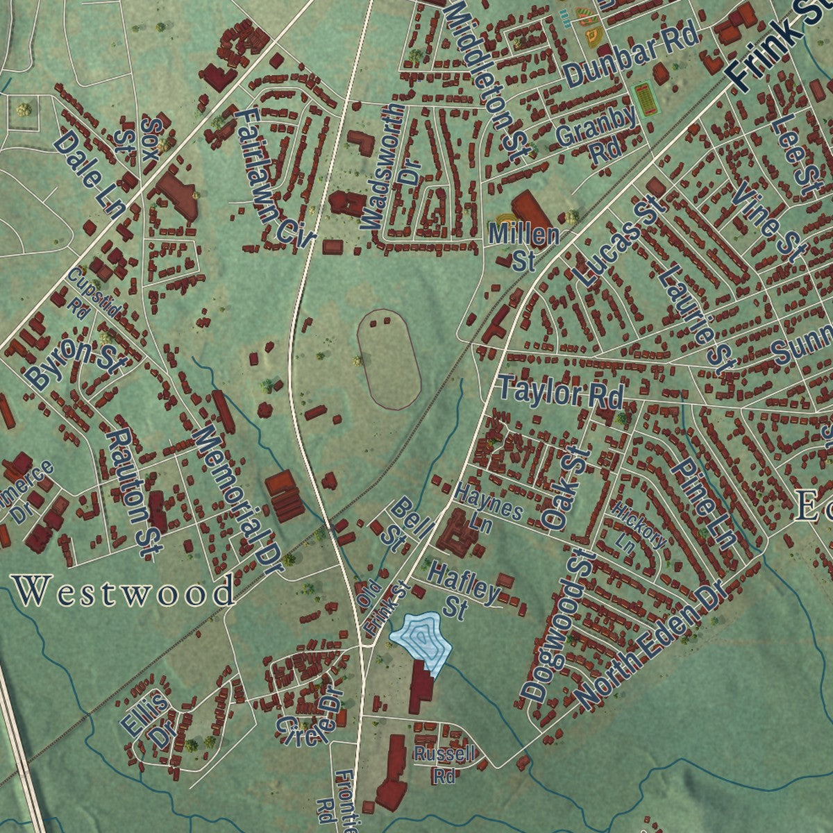 Close-up of the map of Cayce, South Carolina print showing street and building detail