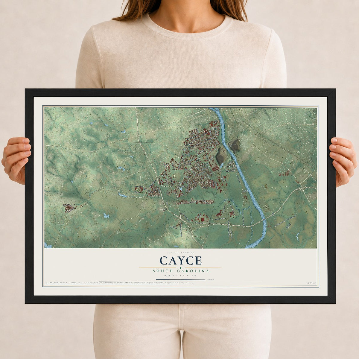 Map of Cayce, South Carolina, 12 x 18 inch print in a black wood frame