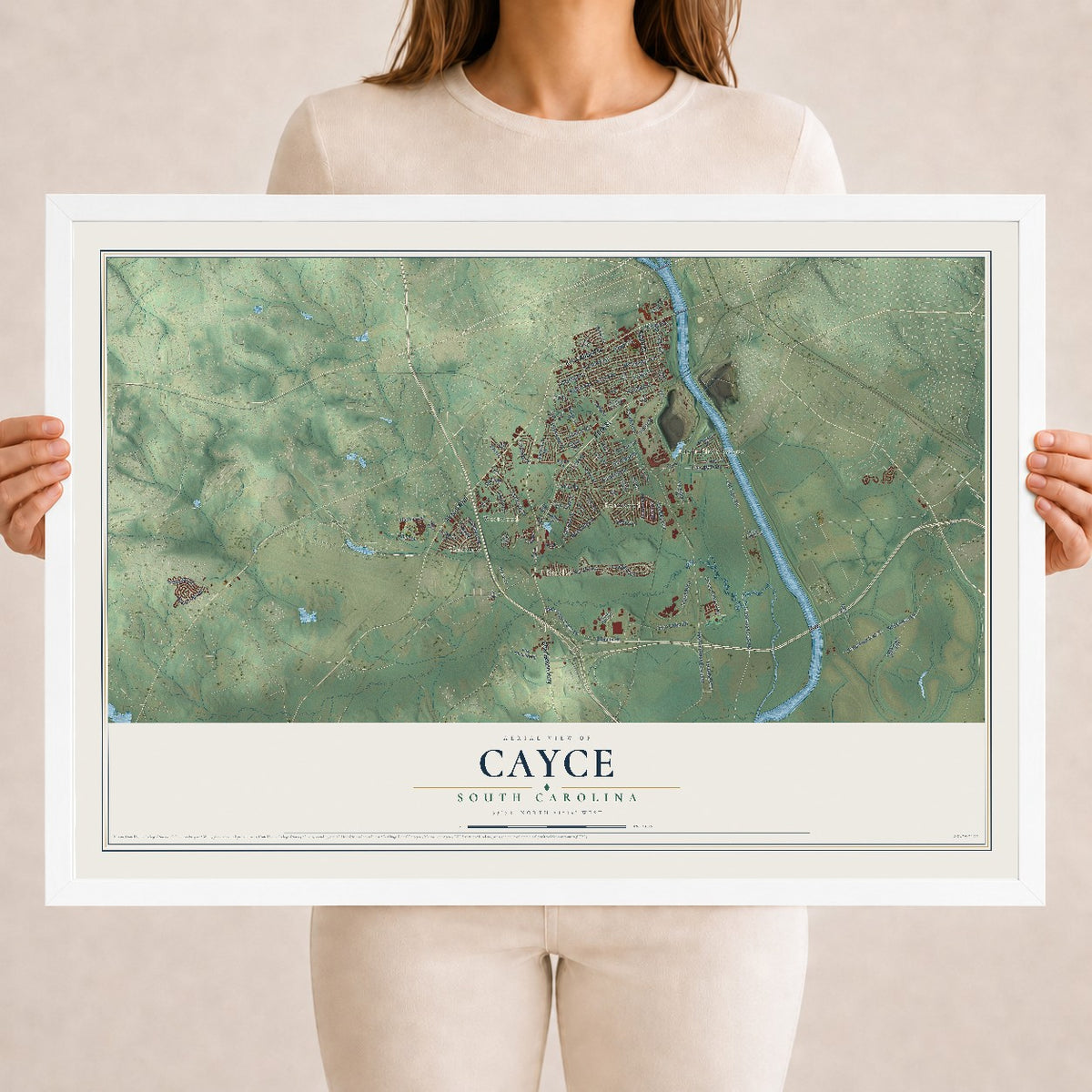 Map of Cayce, South Carolina, 18 x 24 inch print in a white wood frame