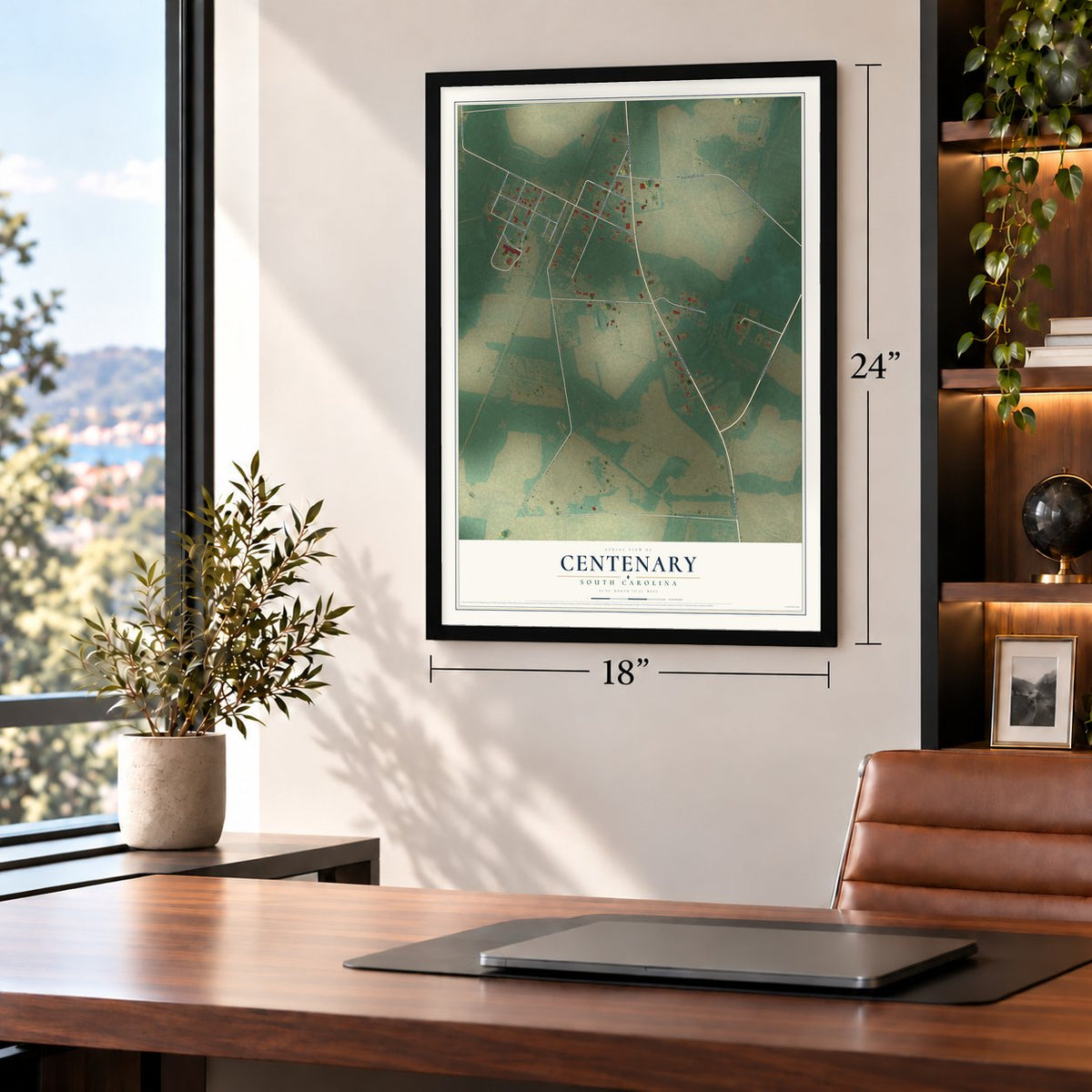 Centenary, South Carolina map, 18 x 24 inch print in a black frame in a home office