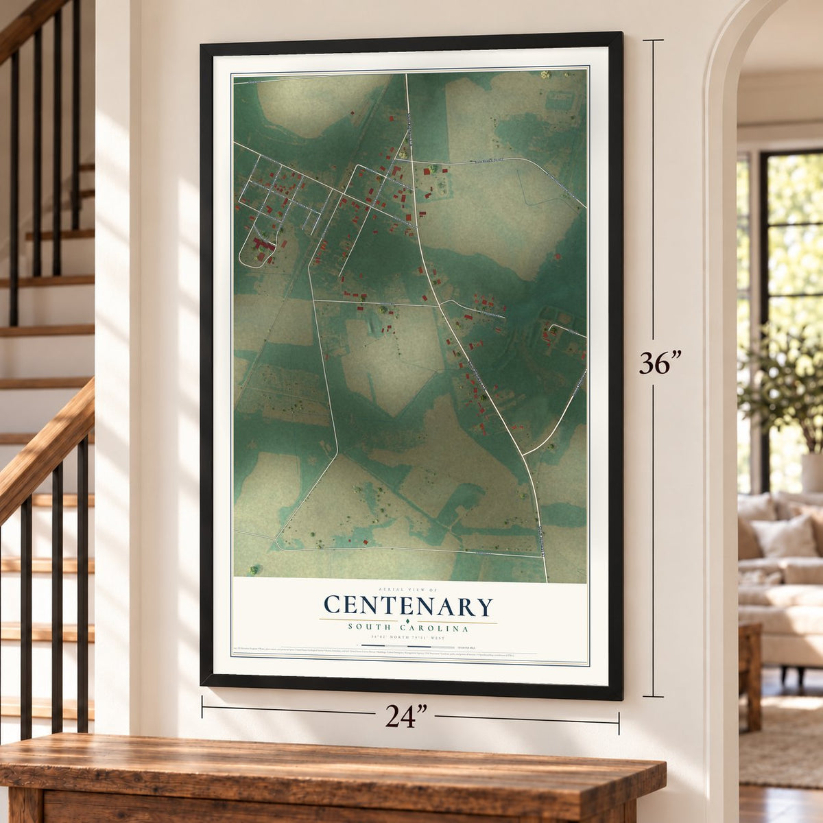 Centenary, South Carolina map, 24 x 36 inch print in a black frame by a staircase