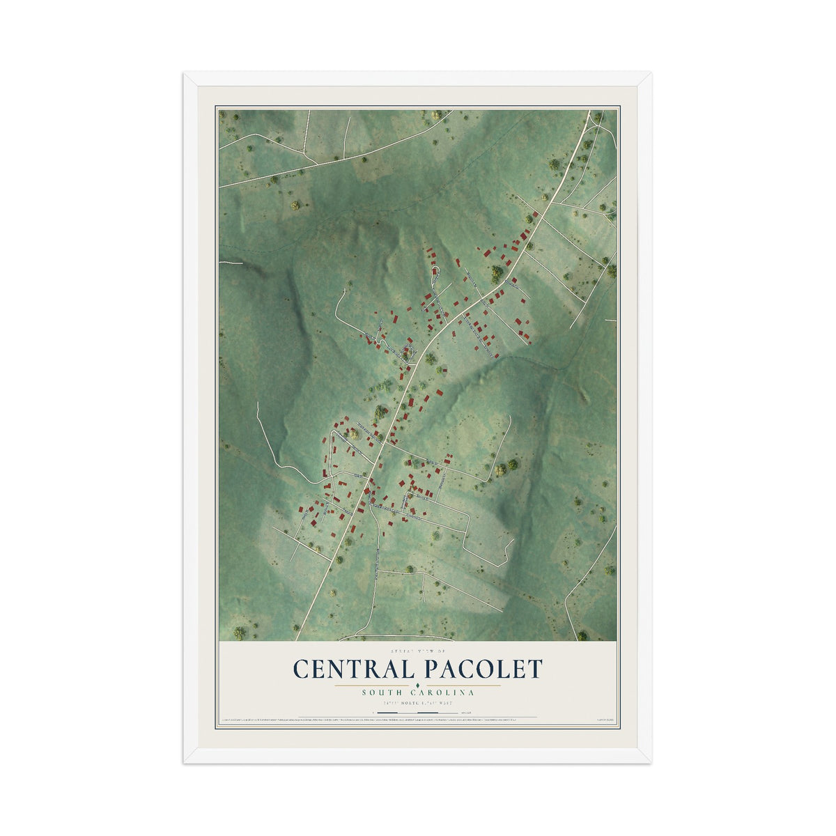 Map of Central Pacolet, South Carolina, 12 x 18 inch print in a white wood frame