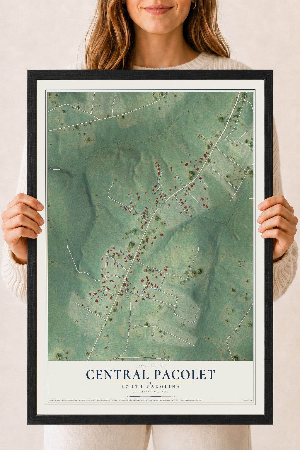 Map of Central Pacolet, South Carolina, 18 x 24 inch print in a black wood frame