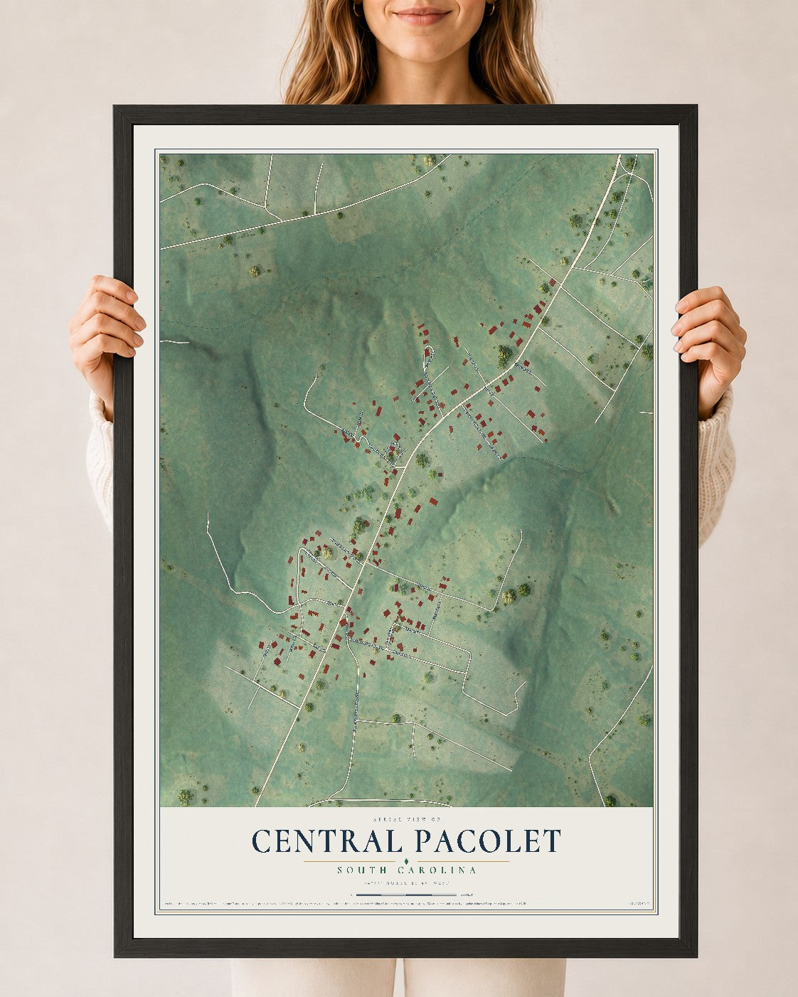 Map of Central Pacolet, South Carolina, 24 x 36 inch print in a black wood frame