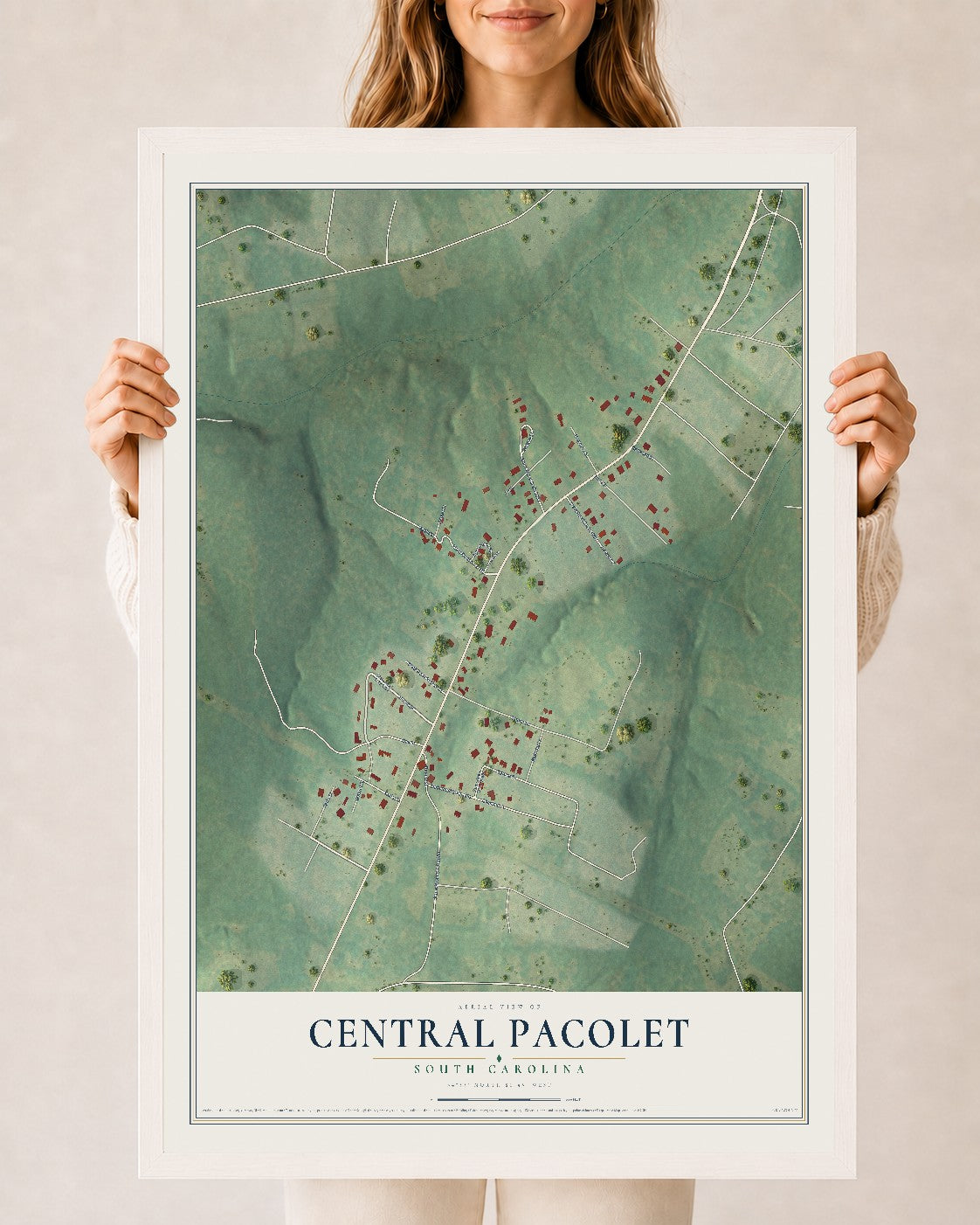 Map of Central Pacolet, South Carolina, 24 x 36 inch print in a white wood frame