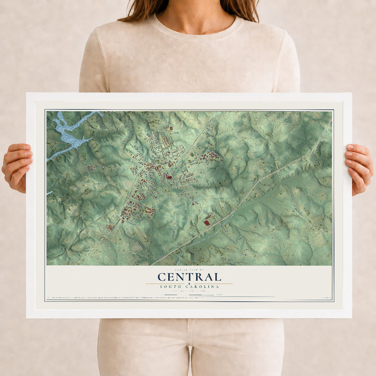 Map of Central, South Carolina, 12 x 18 inch print in a white wood frame