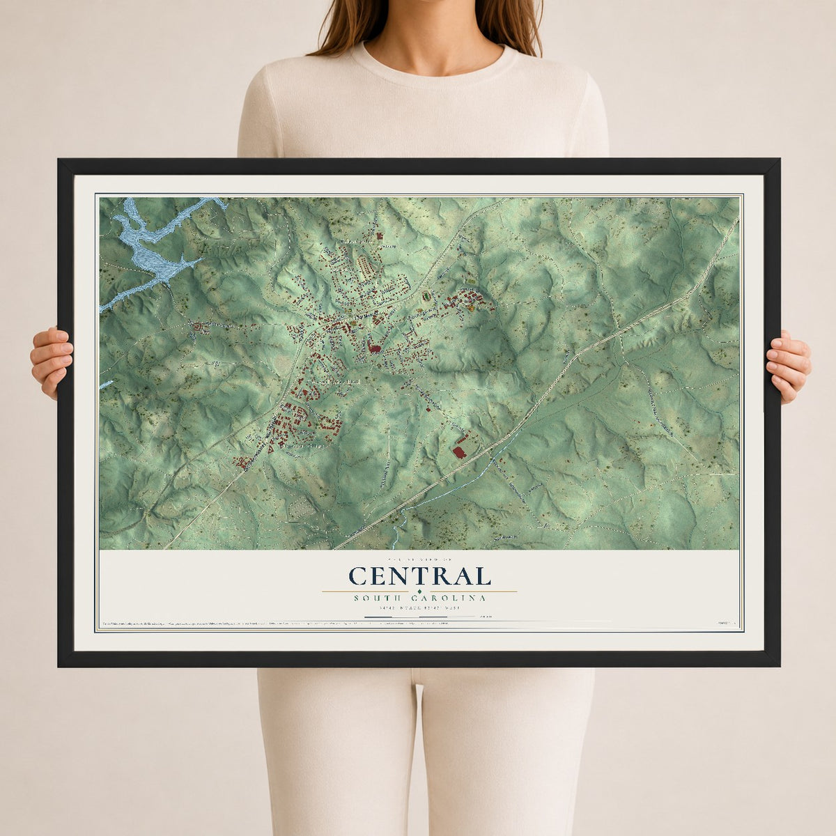 Map of Central, South Carolina, 24 x 36 inch print in a black wood frame