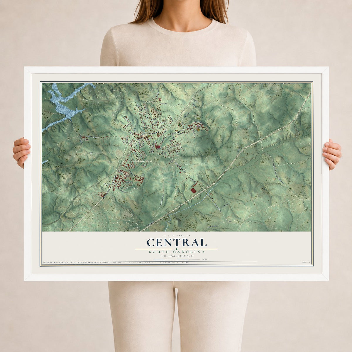 Map of Central, South Carolina, 24 x 36 inch print in a white wood frame