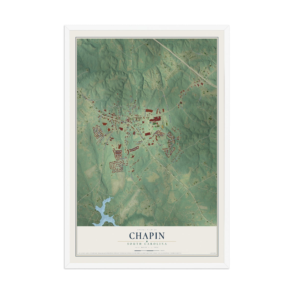 Map of Chapin, South Carolina, 12 x 18 inch print in a white wood frame