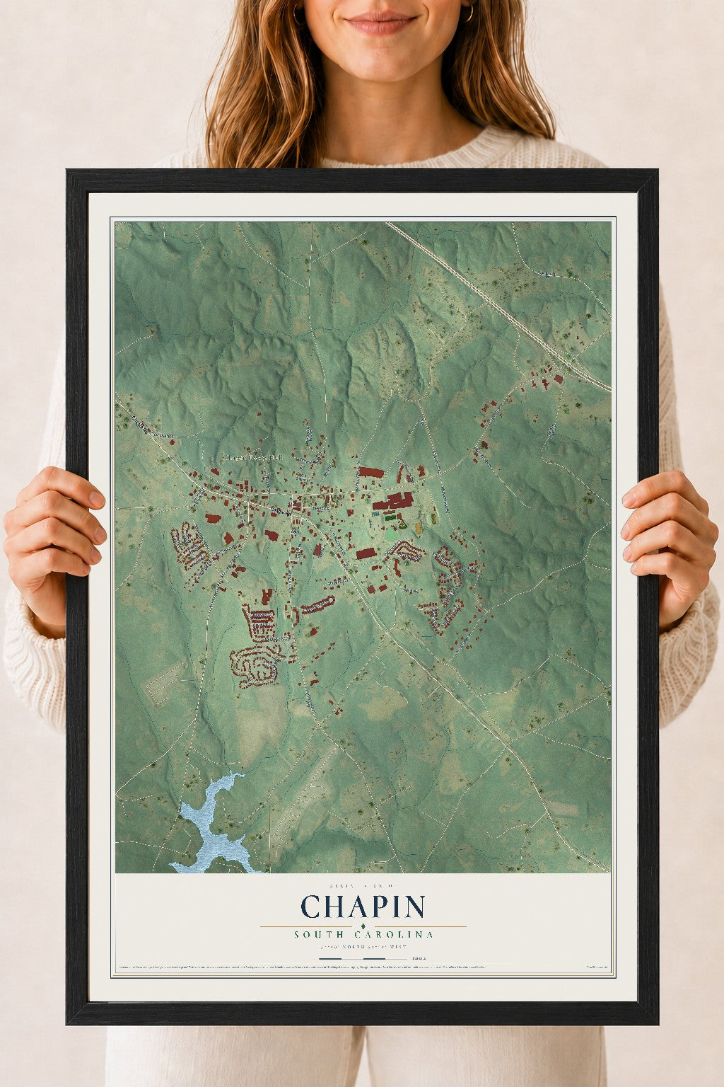 Map of Chapin, South Carolina, 18 x 24 inch print in a black wood frame