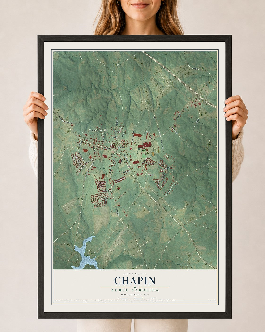 Map of Chapin, South Carolina, 24 x 36 inch print in a black wood frame
