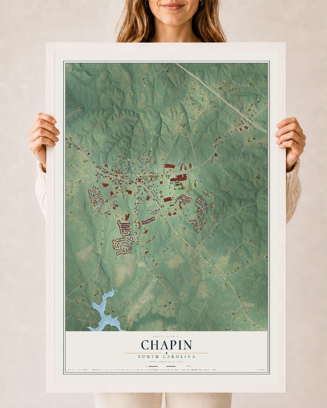 Map of Chapin, South Carolina, 24 x 36 inch print in a white wood frame