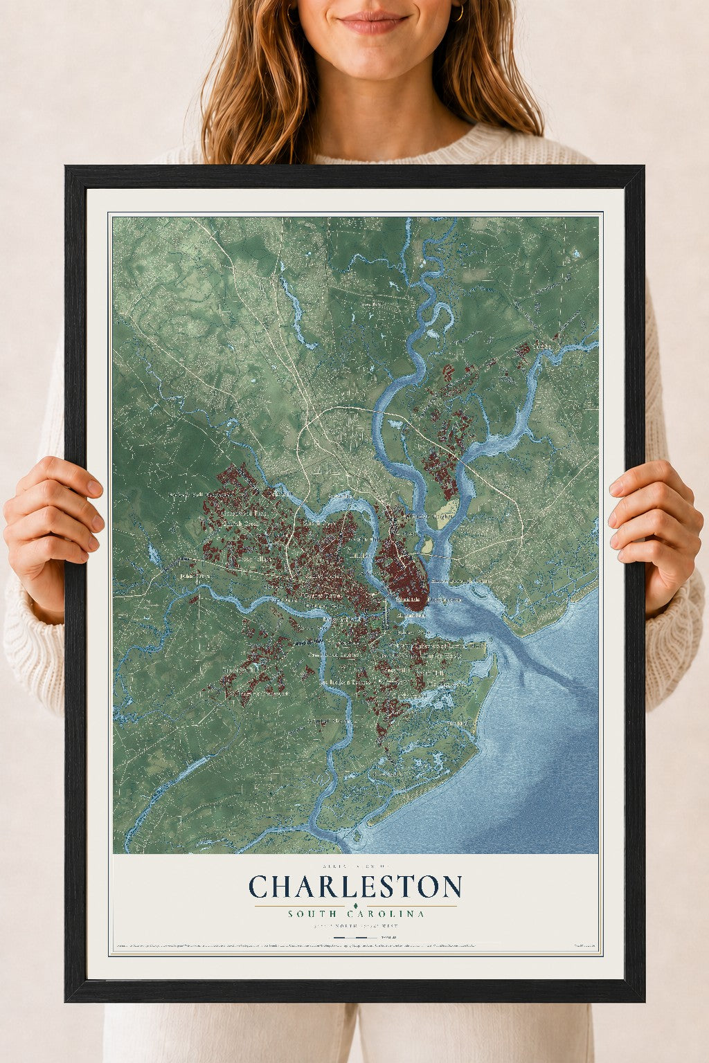 Map of Charleston, South Carolina, 18 x 24 inch print in a black wood frame