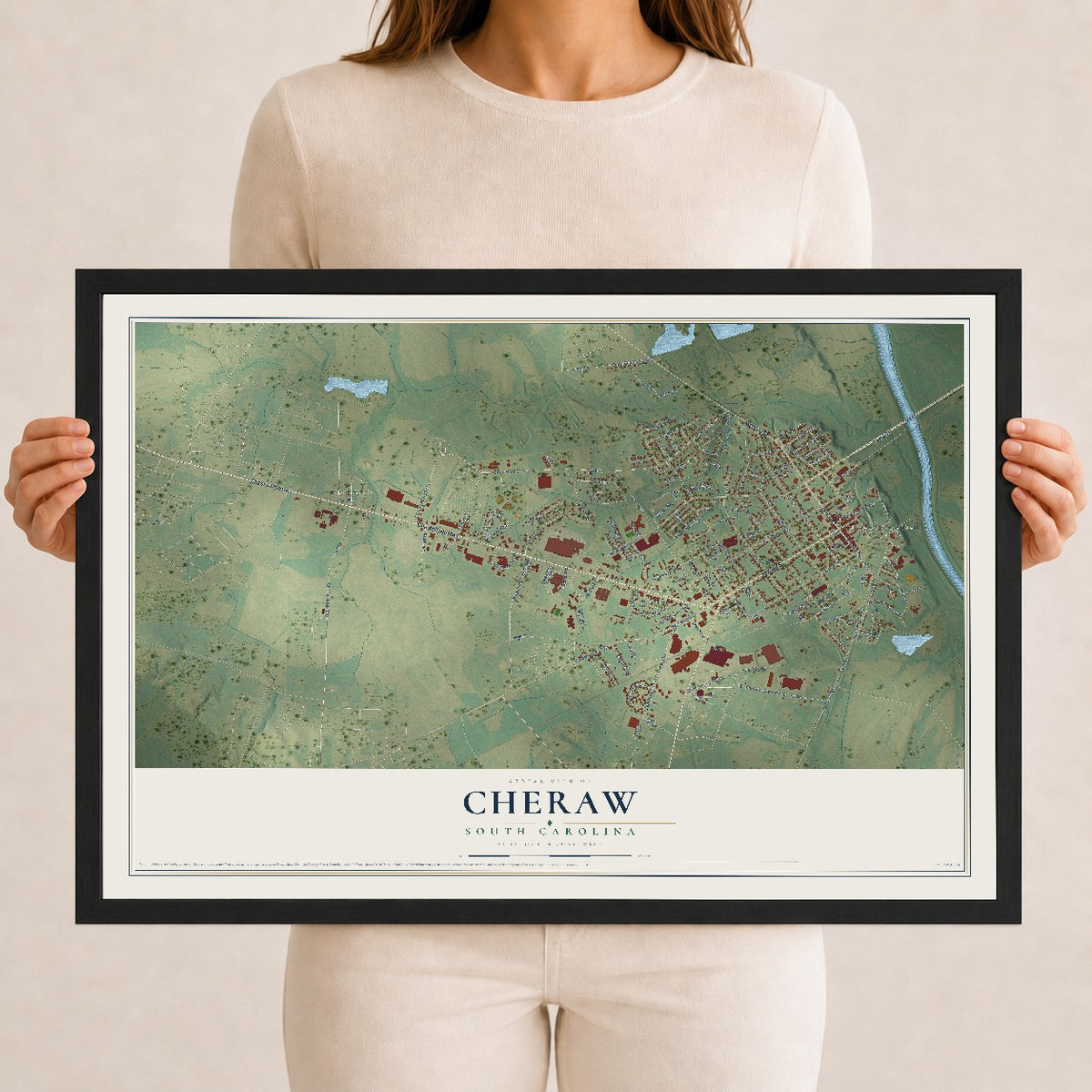 Map of Cheraw, South Carolina, 12 x 18 inch print in a black wood frame