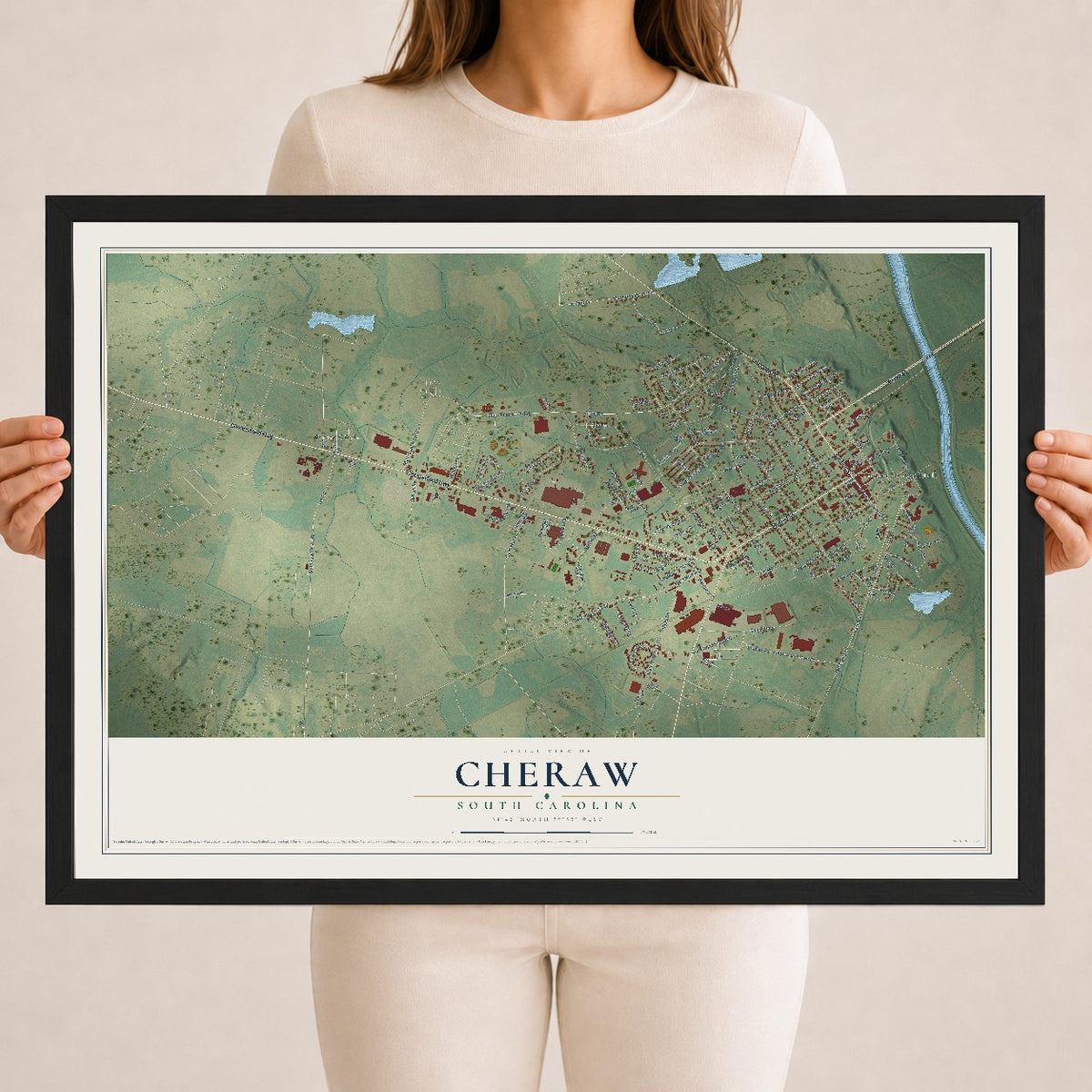 Map of Cheraw, South Carolina, 18 x 24 inch print in a black wood frame