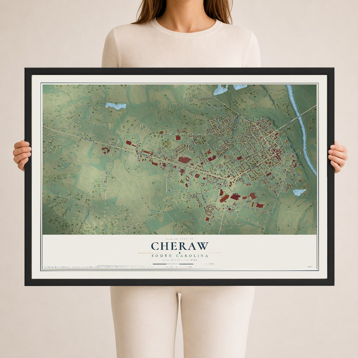 Map of Cheraw, South Carolina, 24 x 36 inch print in a black wood frame