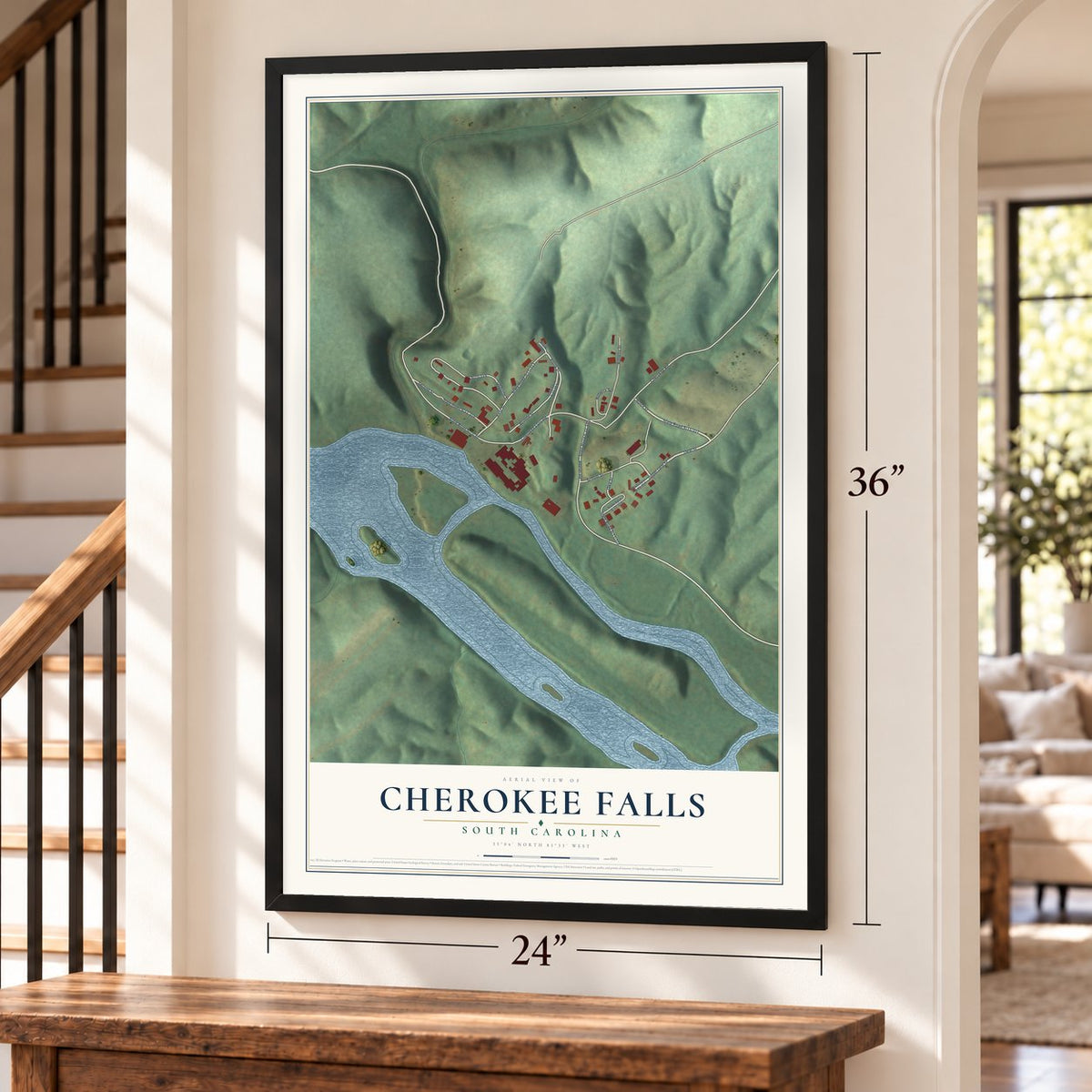 Cherokee Falls, South Carolina map, 24 x 36 inch print in a black frame by a staircase