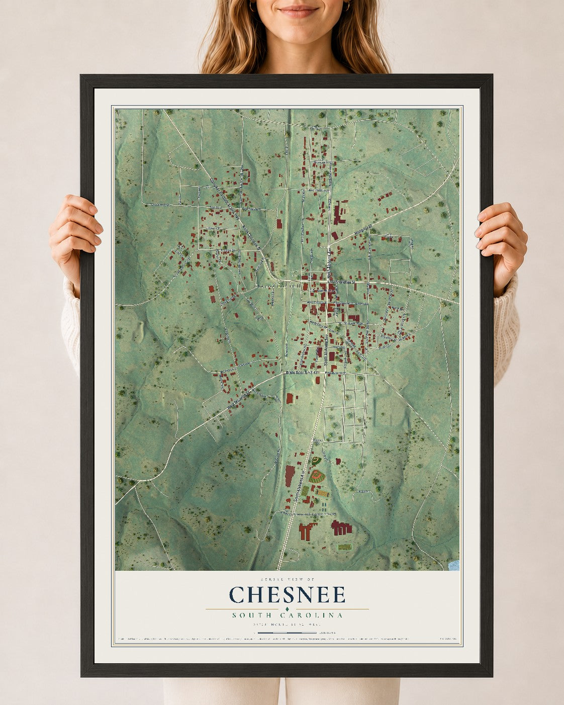 Map of Chesnee, South Carolina, 24 x 36 inch print in a black wood frame