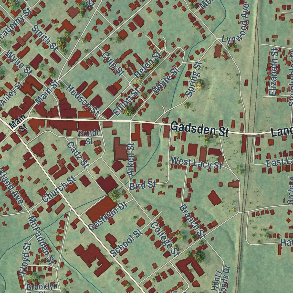 Close-up of the map of Chester, South Carolina print showing street and building detail