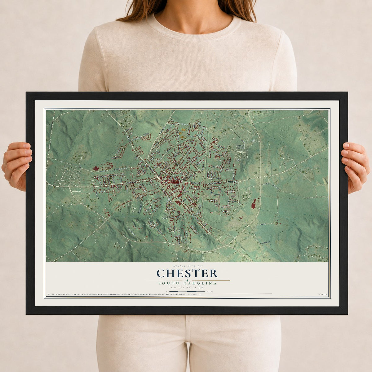 Map of Chester, South Carolina, 12 x 18 inch print in a black wood frame