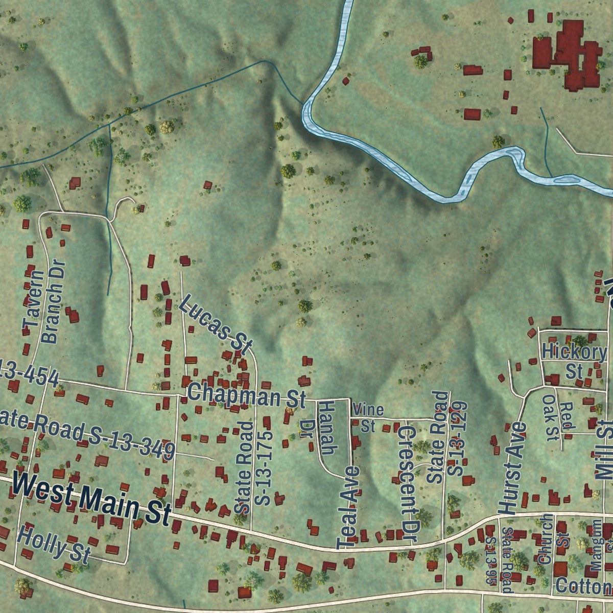 Close-up of the map of Chesterfield, South Carolina print showing street and building detail