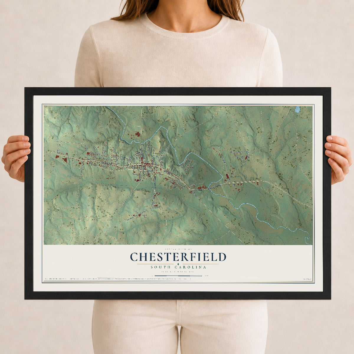 Map of Chesterfield, South Carolina, 12 x 18 inch print in a black wood frame