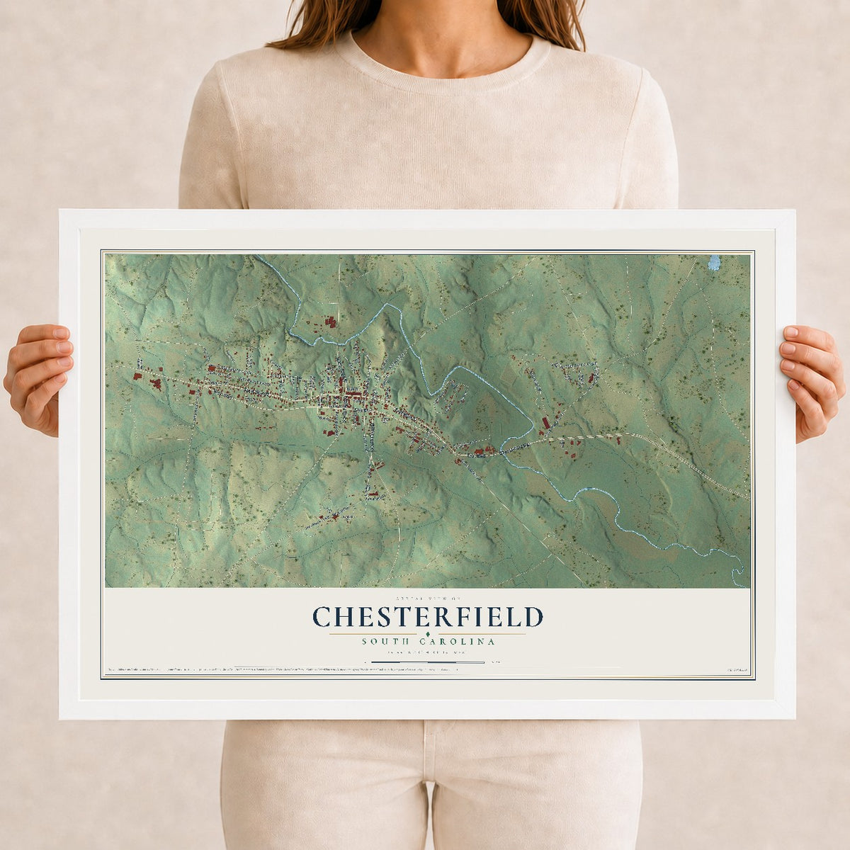 Map of Chesterfield, South Carolina, 12 x 18 inch print in a white wood frame