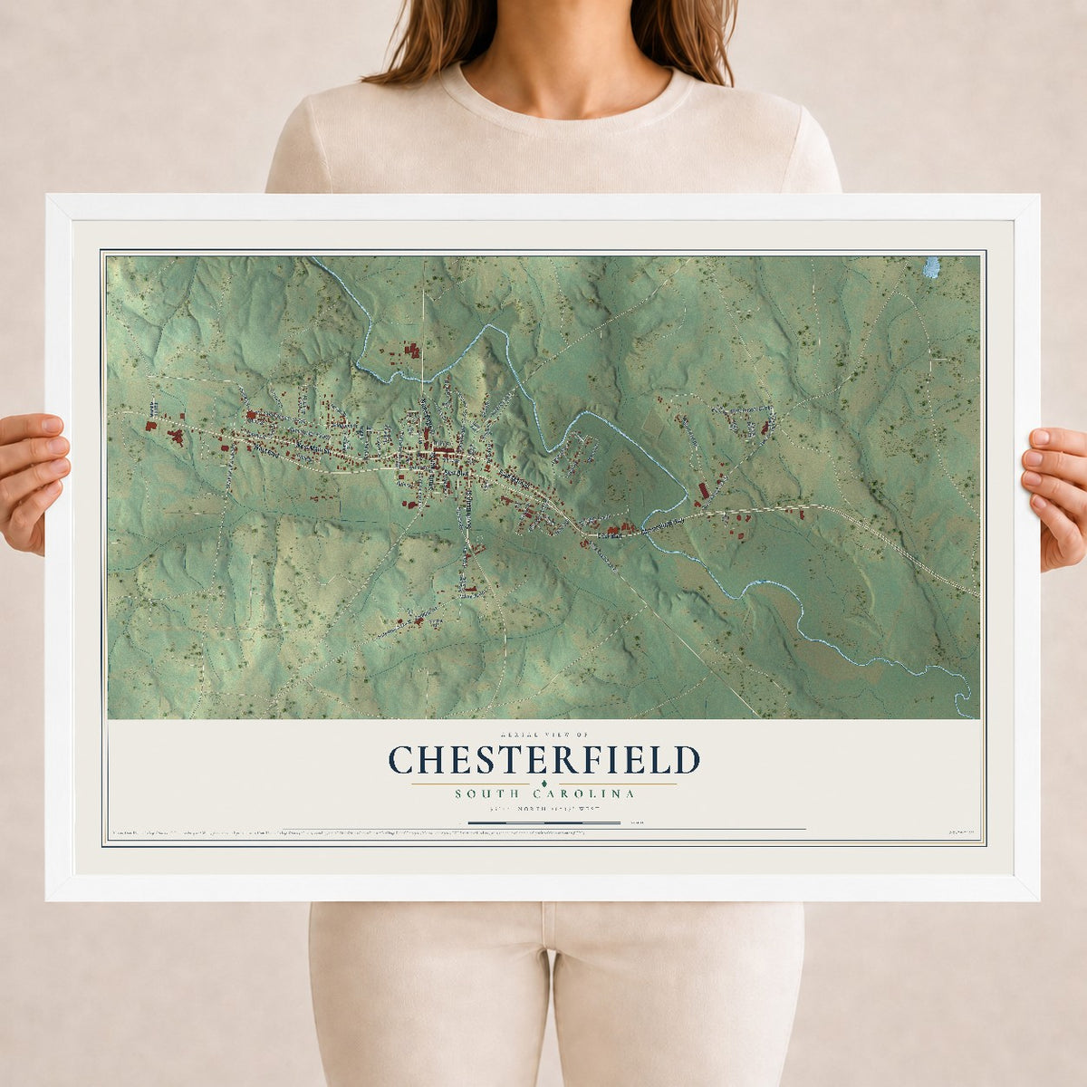 Map of Chesterfield, South Carolina, 18 x 24 inch print in a white wood frame