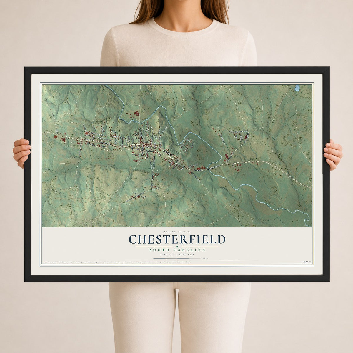 Map of Chesterfield, South Carolina, 24 x 36 inch print in a black wood frame