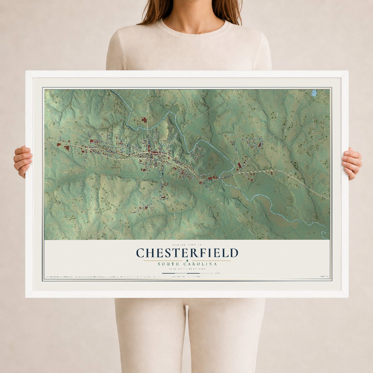 Map of Chesterfield, South Carolina, 24 x 36 inch print in a white wood frame