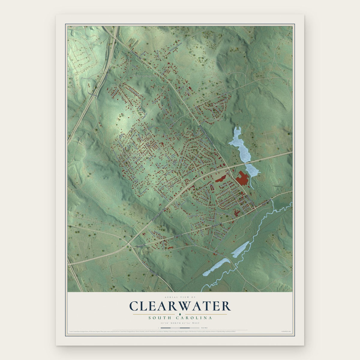 Clearwater, South Carolina map print, the full design
