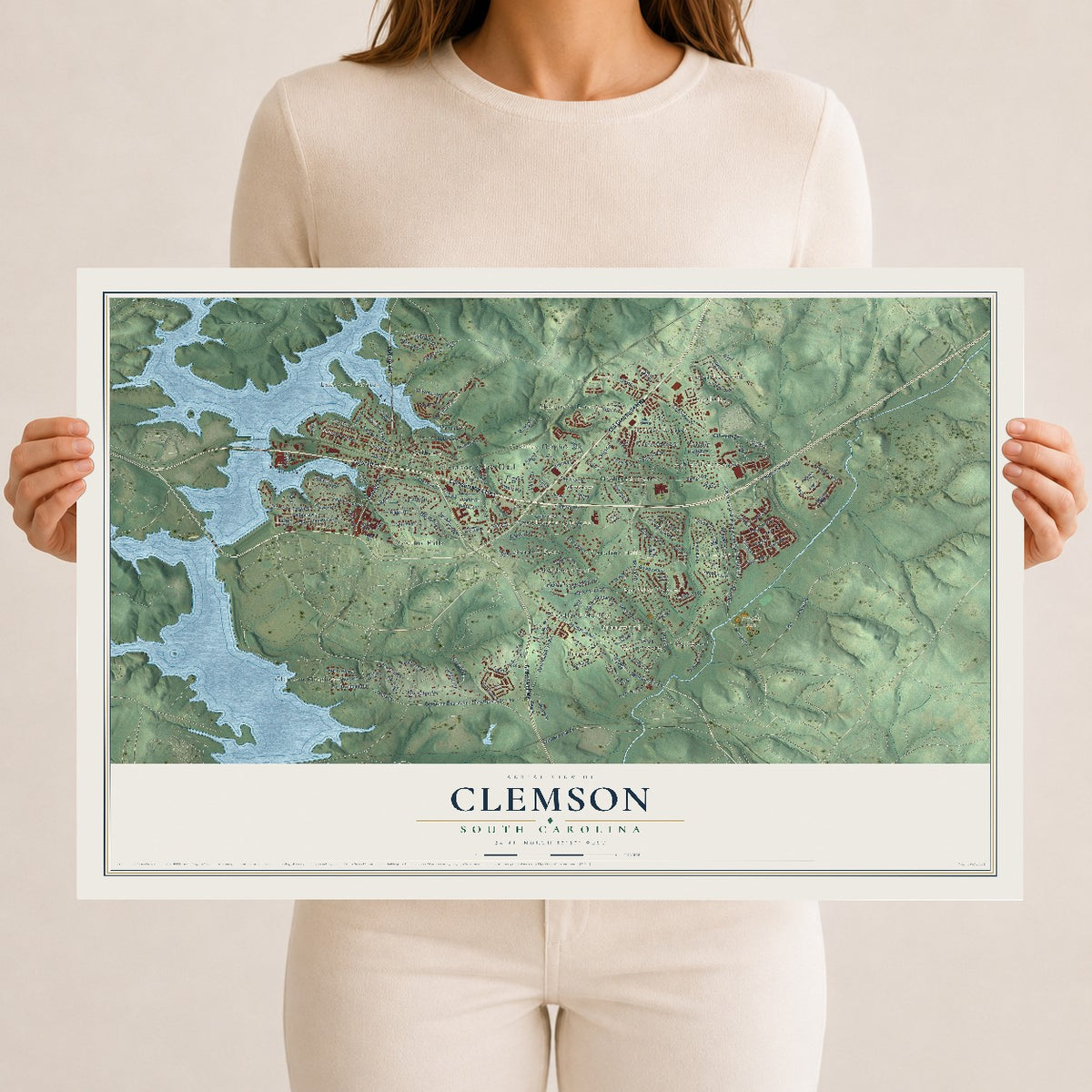 Map of Clemson, South Carolina, 12 x 18 inch unframed archival matte print