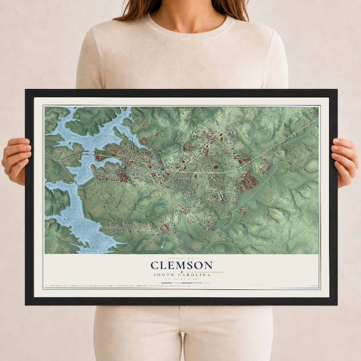 Map of Clemson, South Carolina, 12 x 18 inch print in a black wood frame