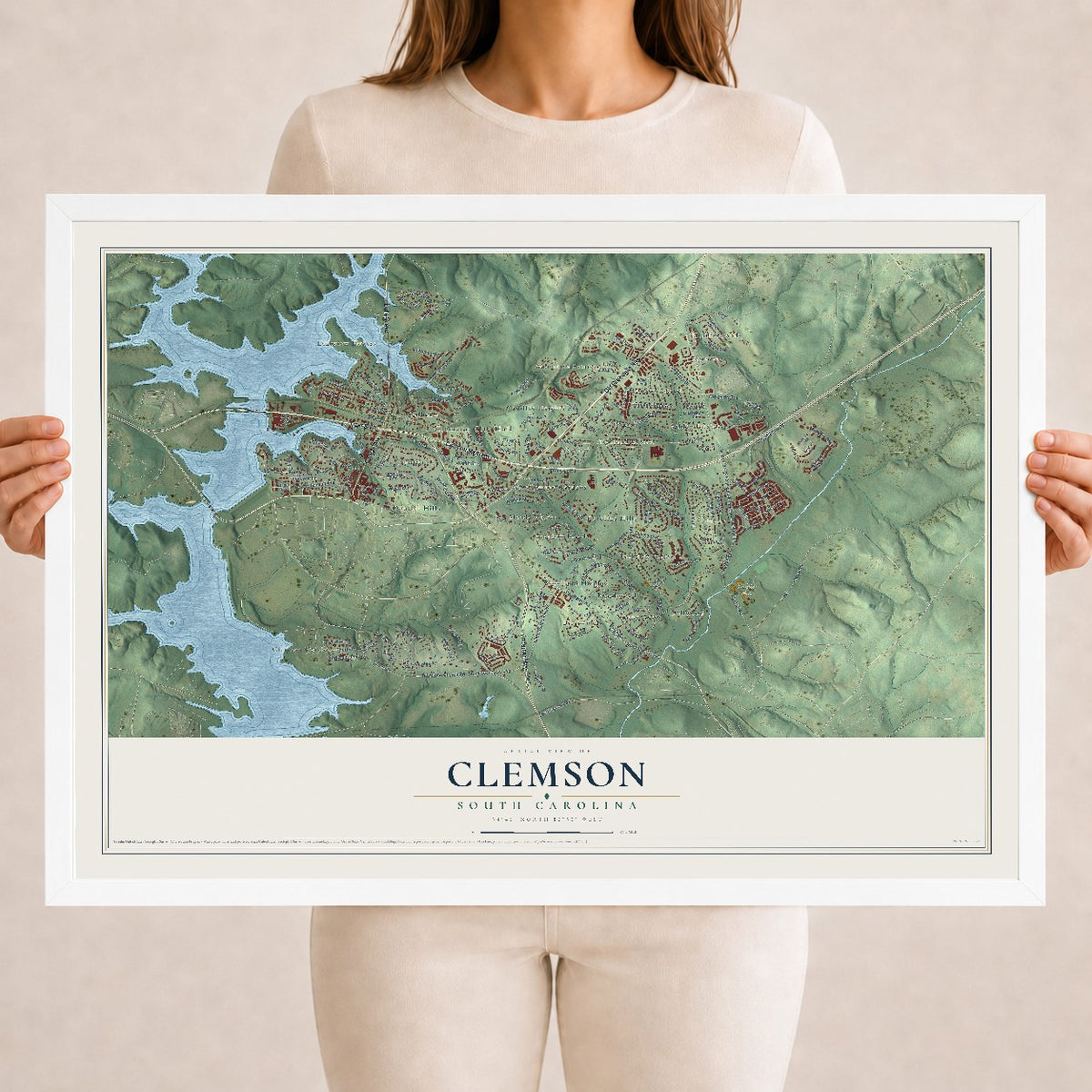 Map of Clemson, South Carolina, 18 x 24 inch print in a white wood frame