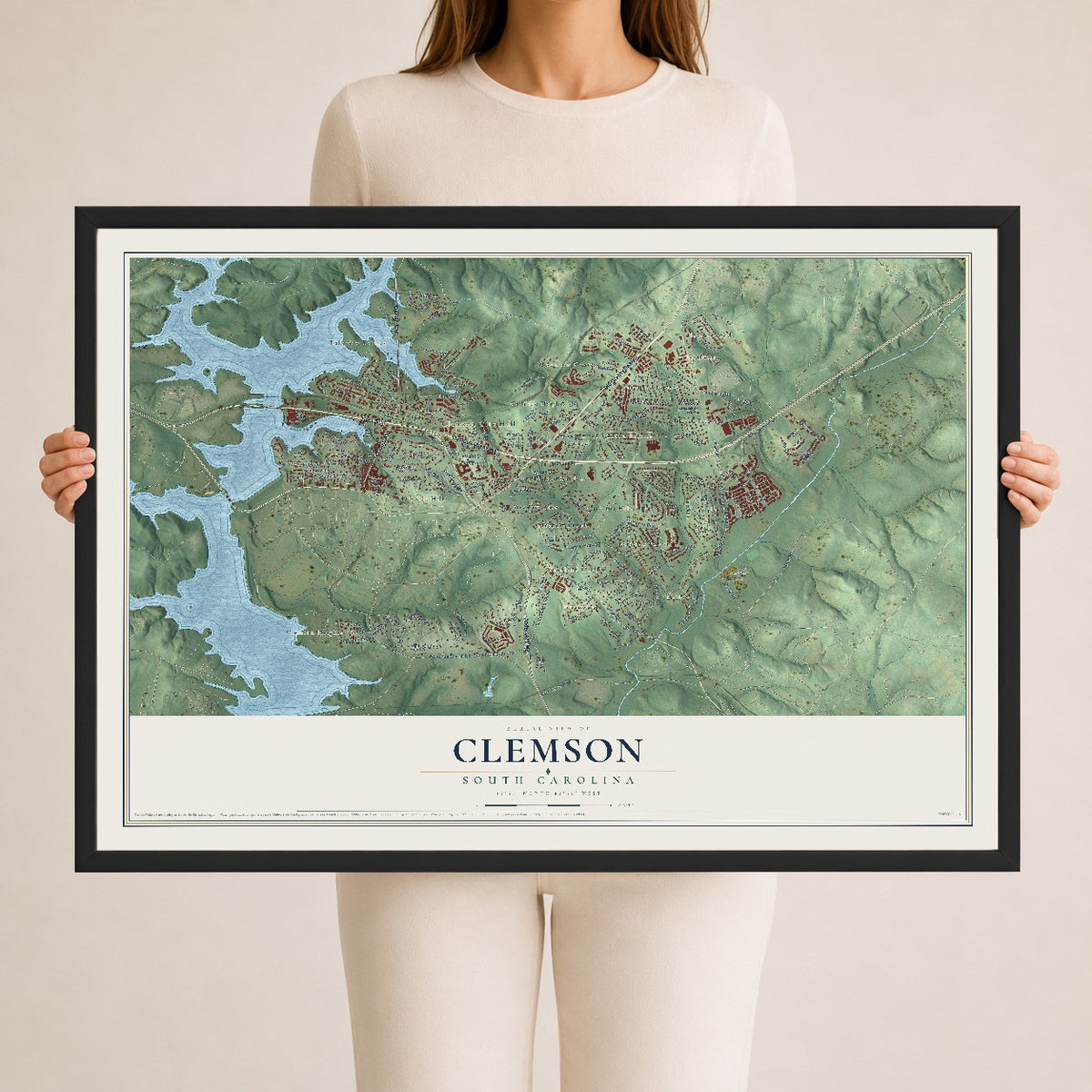 Map of Clemson, South Carolina, 24 x 36 inch print in a black wood frame