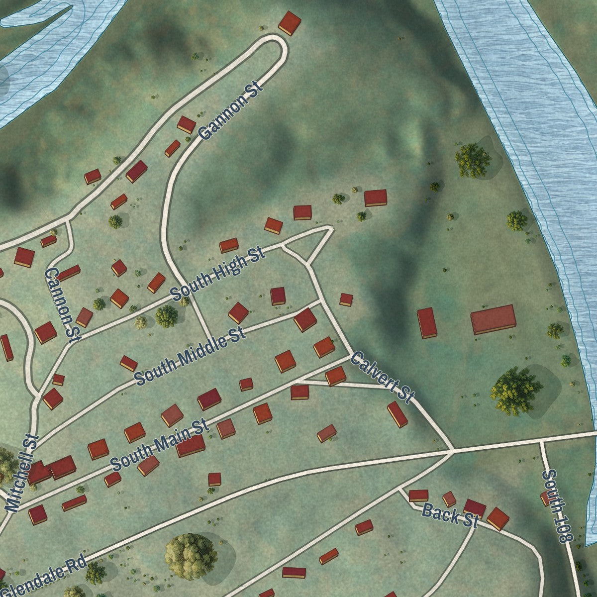 Close-up of the map of Clifton, South Carolina print showing street and building detail