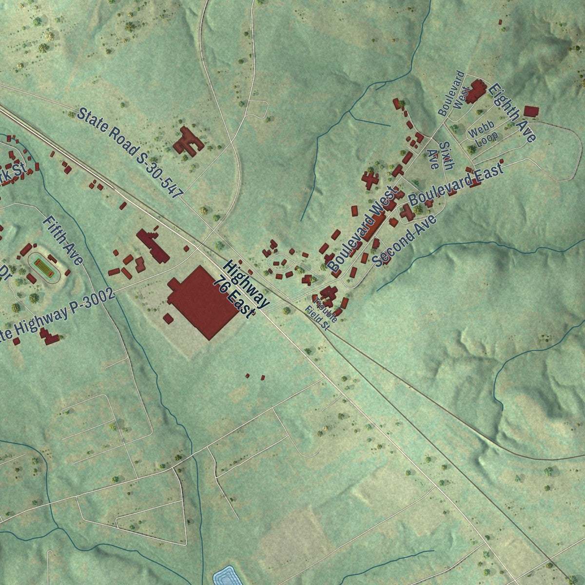Second close-up of the map of Clinton, South Carolina print showing more streets and buildings