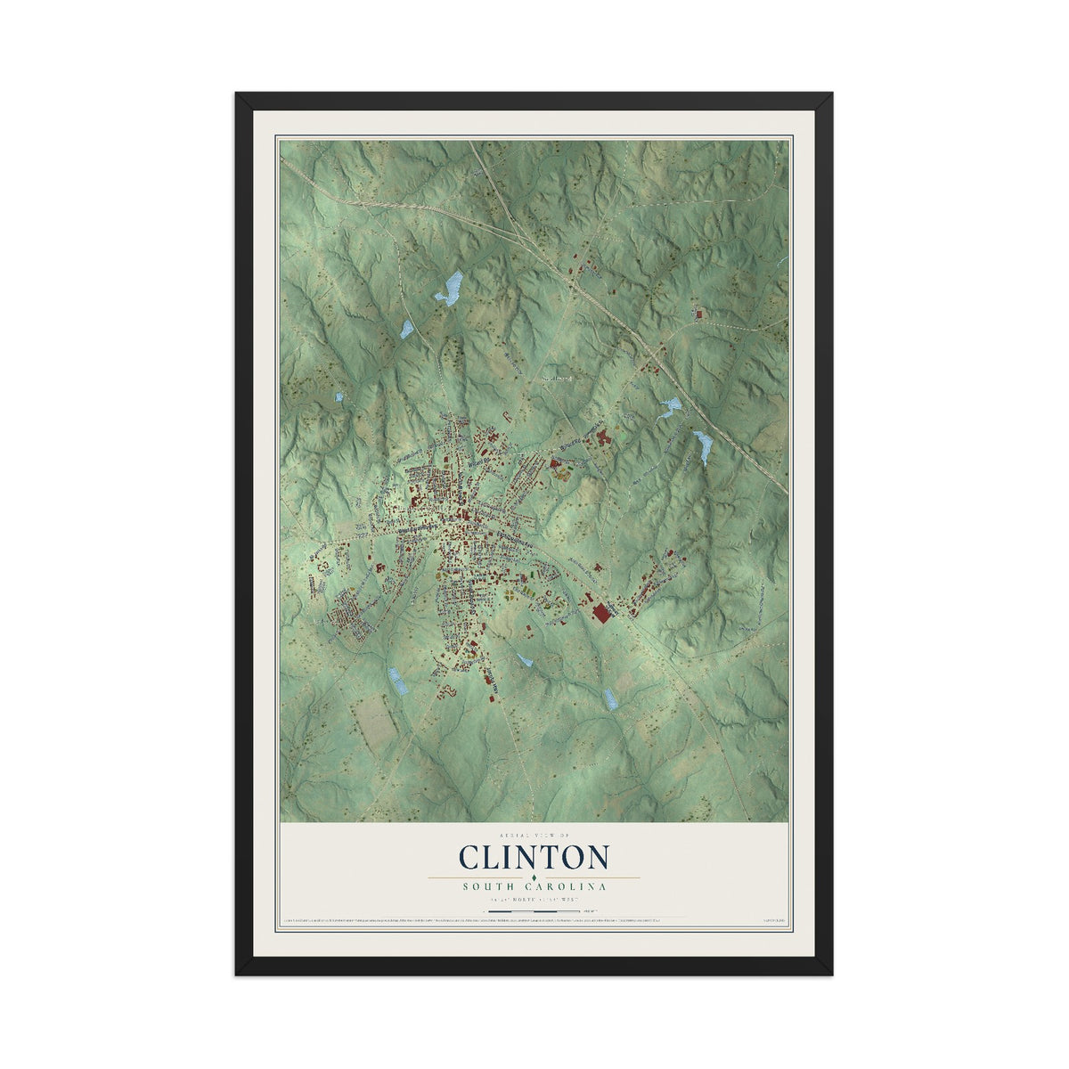 Map of Clinton, South Carolina, 12 x 18 inch print in a black wood frame