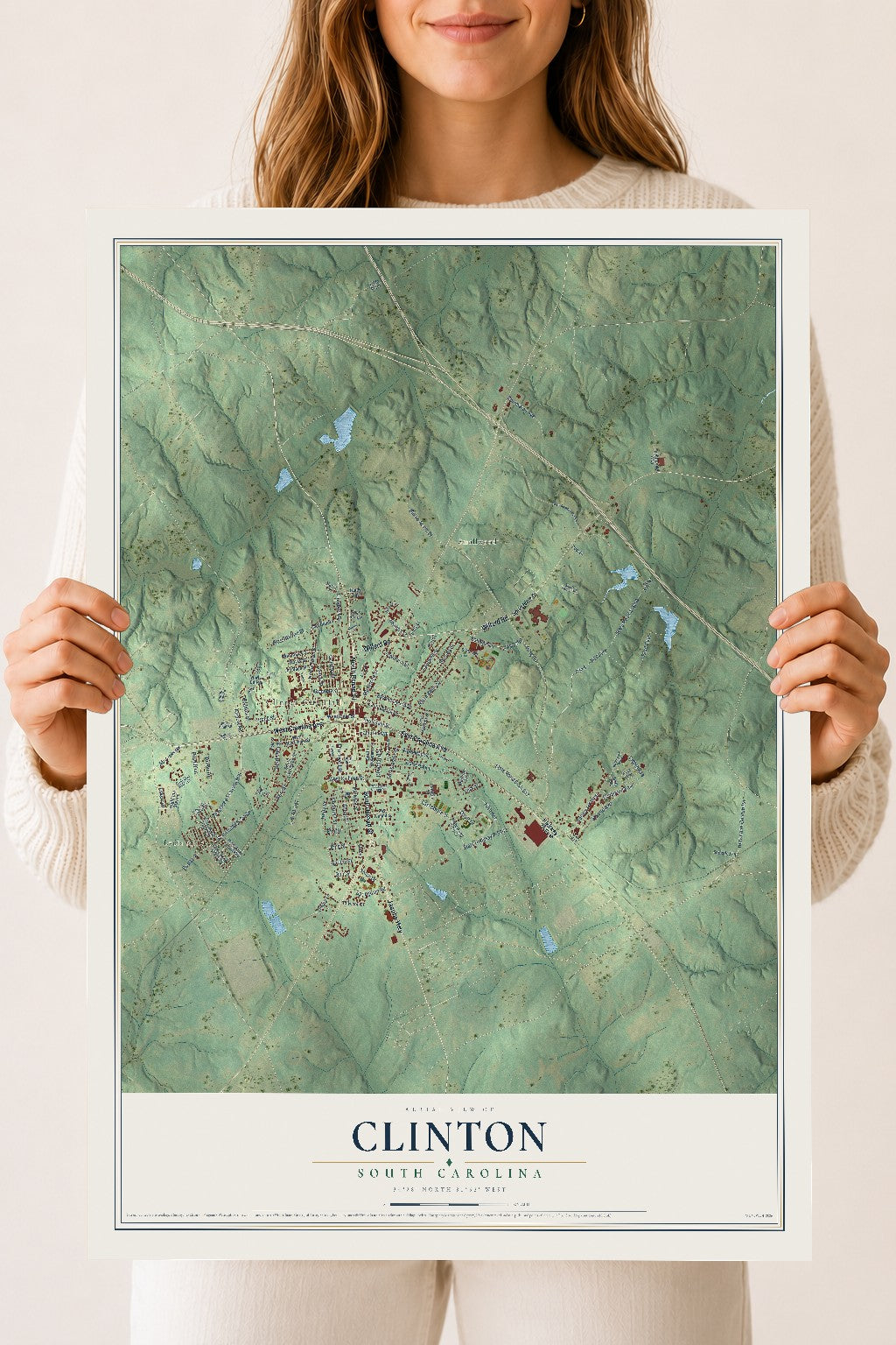 Map of Clinton, South Carolina, 18 x 24 inch unframed archival matte print