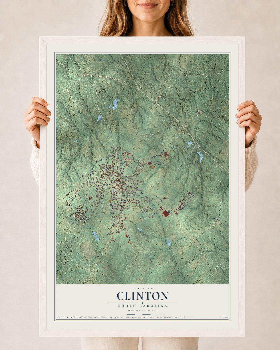 Map of Clinton, South Carolina, 24 x 36 inch print in a white wood frame