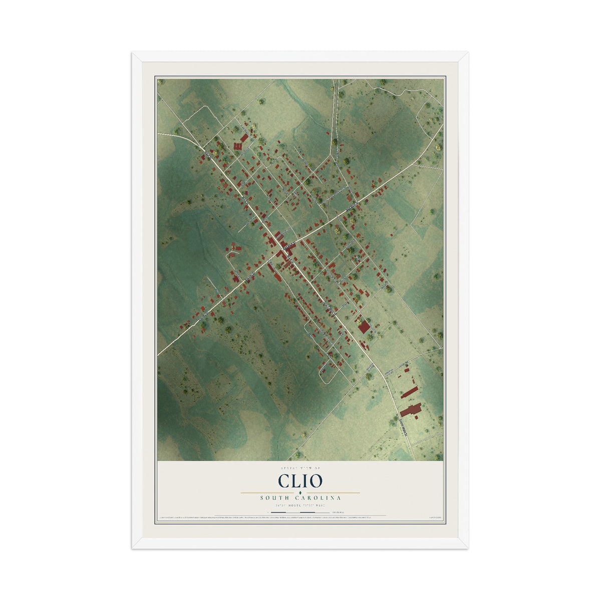 Map of Clio, South Carolina, 12 x 18 inch print in a white wood frame