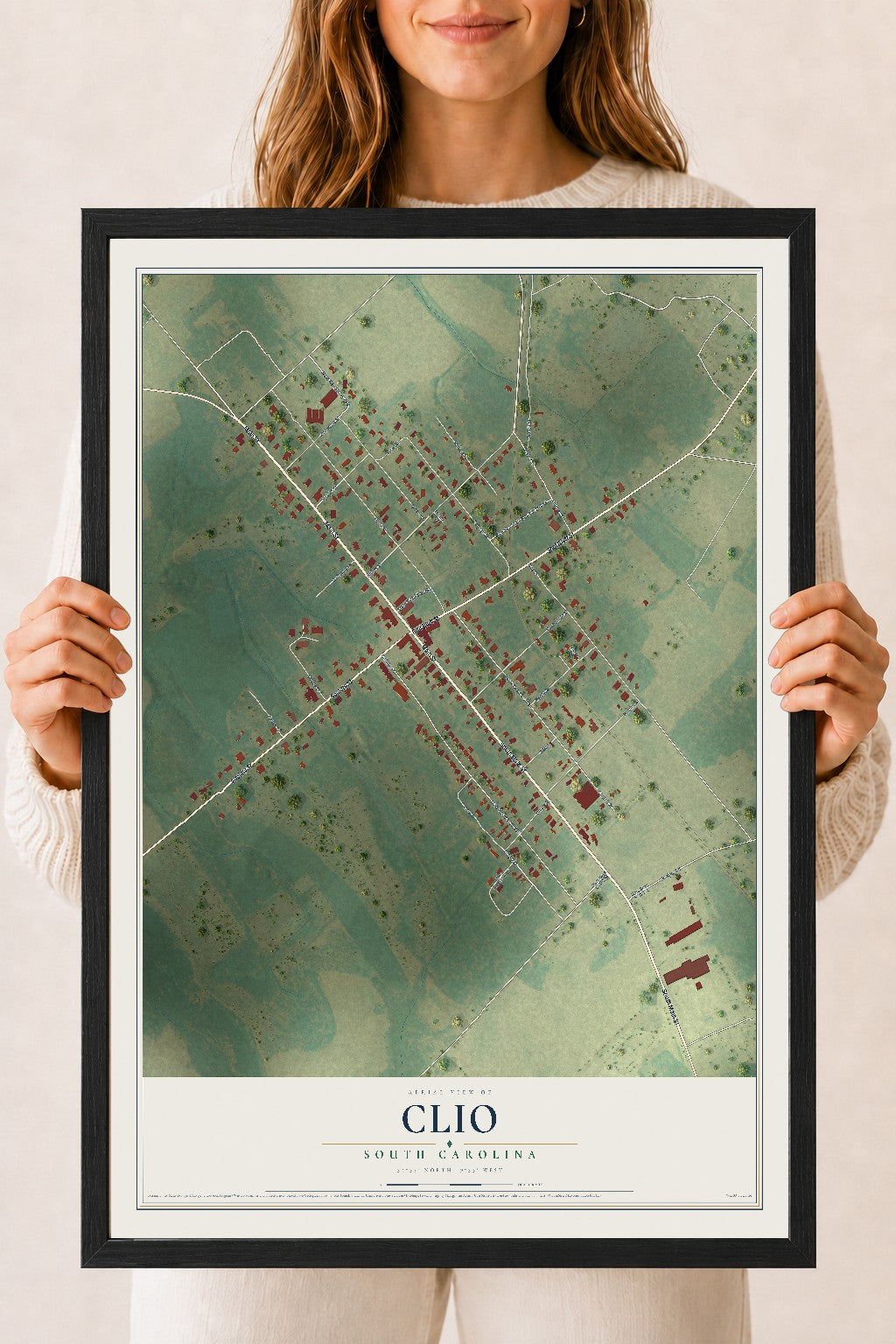Map of Clio, South Carolina, 18 x 24 inch print in a black wood frame