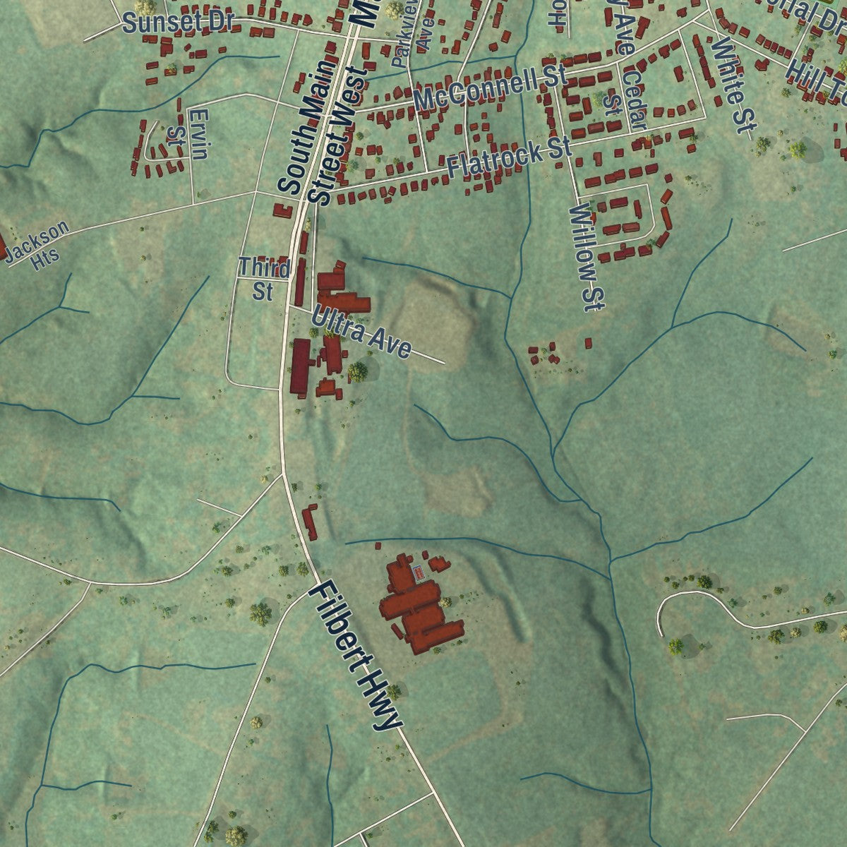 Second close-up of the map of Clover, South Carolina print showing more streets and buildings