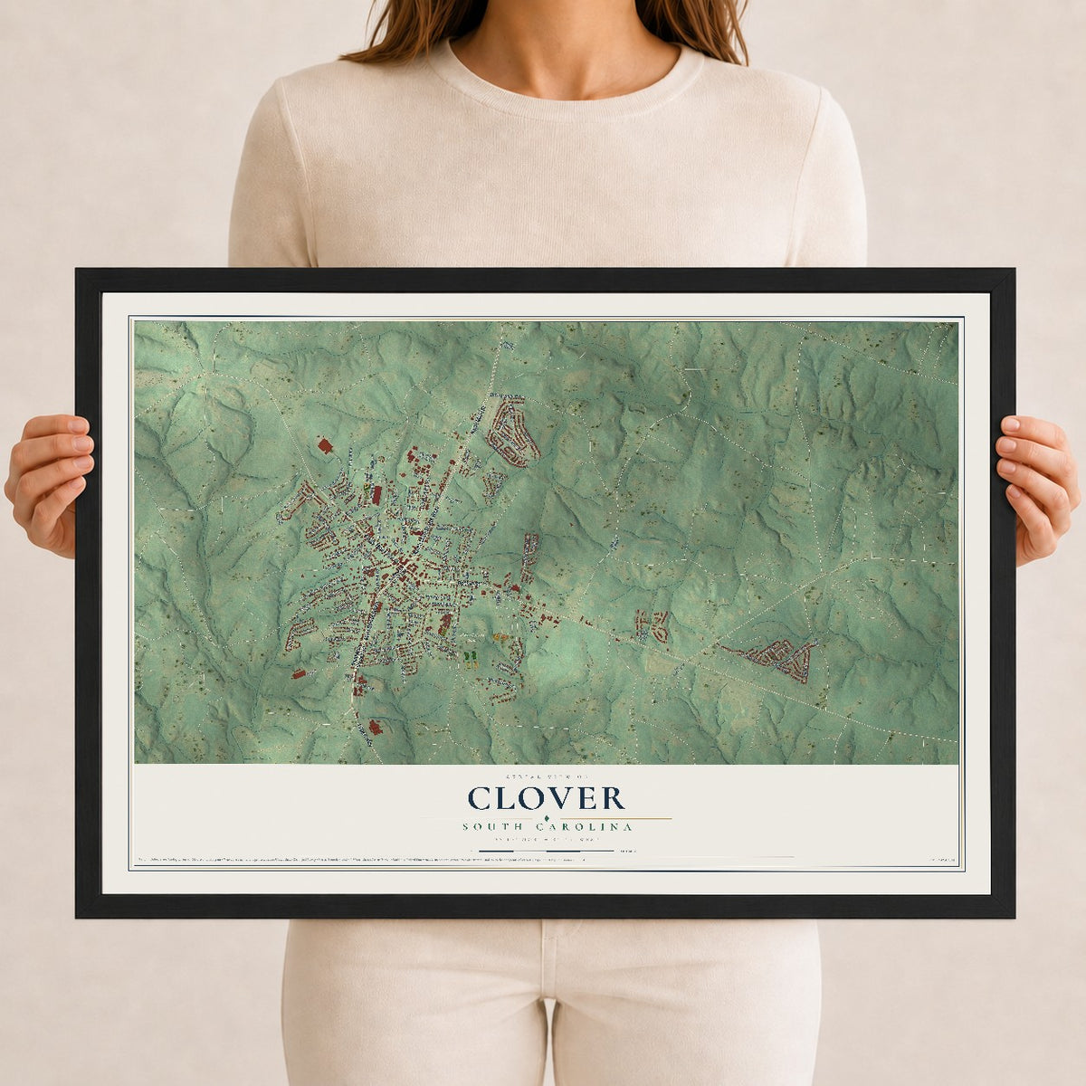 Map of Clover, South Carolina, 12 x 18 inch print in a black wood frame