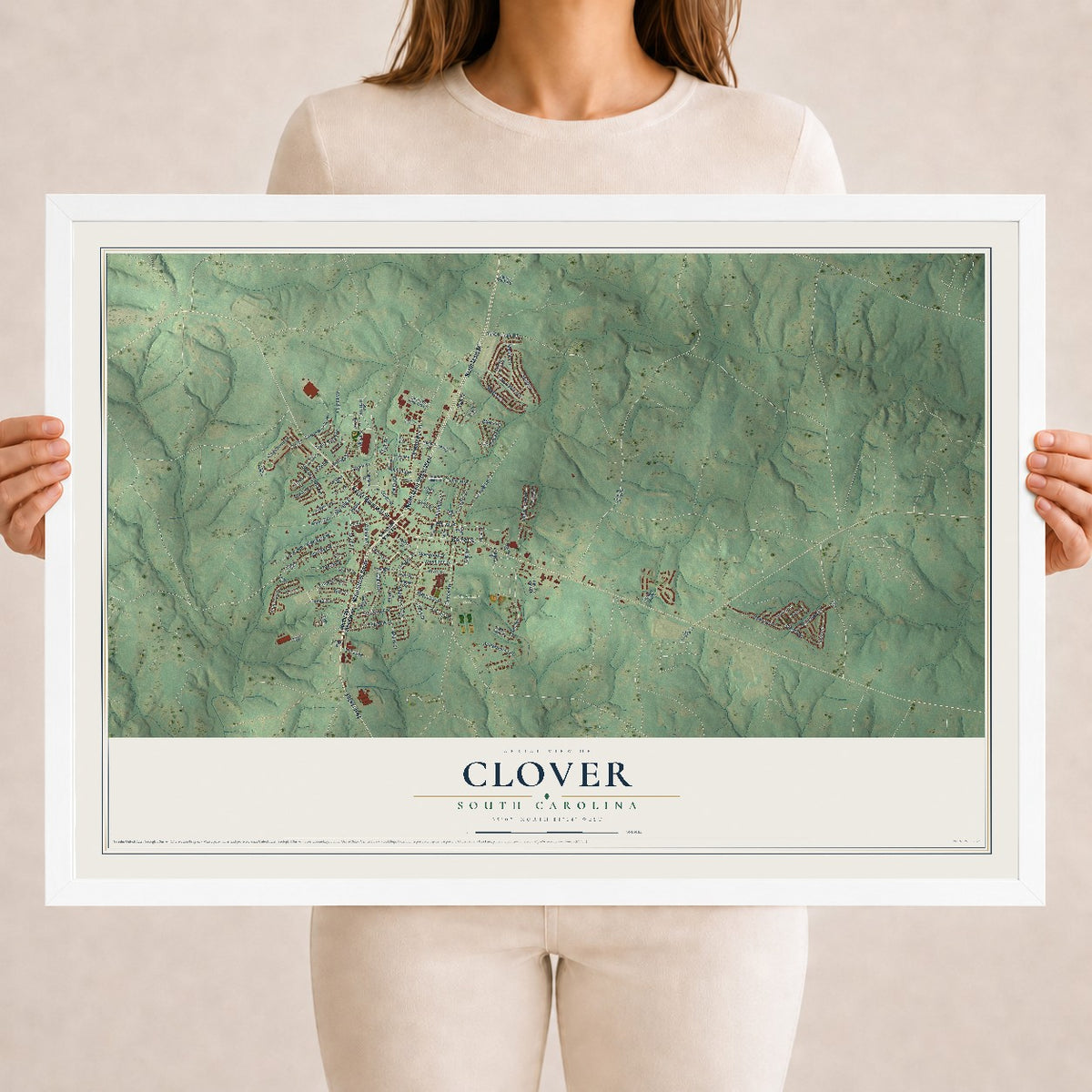 Map of Clover, South Carolina, 18 x 24 inch print in a white wood frame