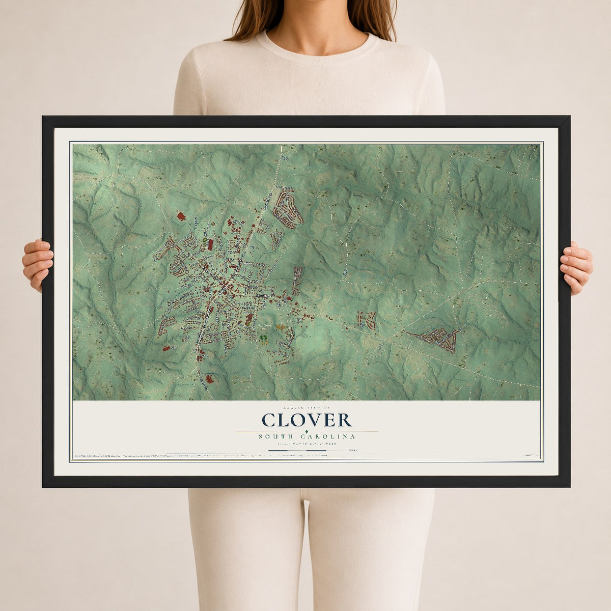 Map of Clover, South Carolina, 24 x 36 inch print in a black wood frame