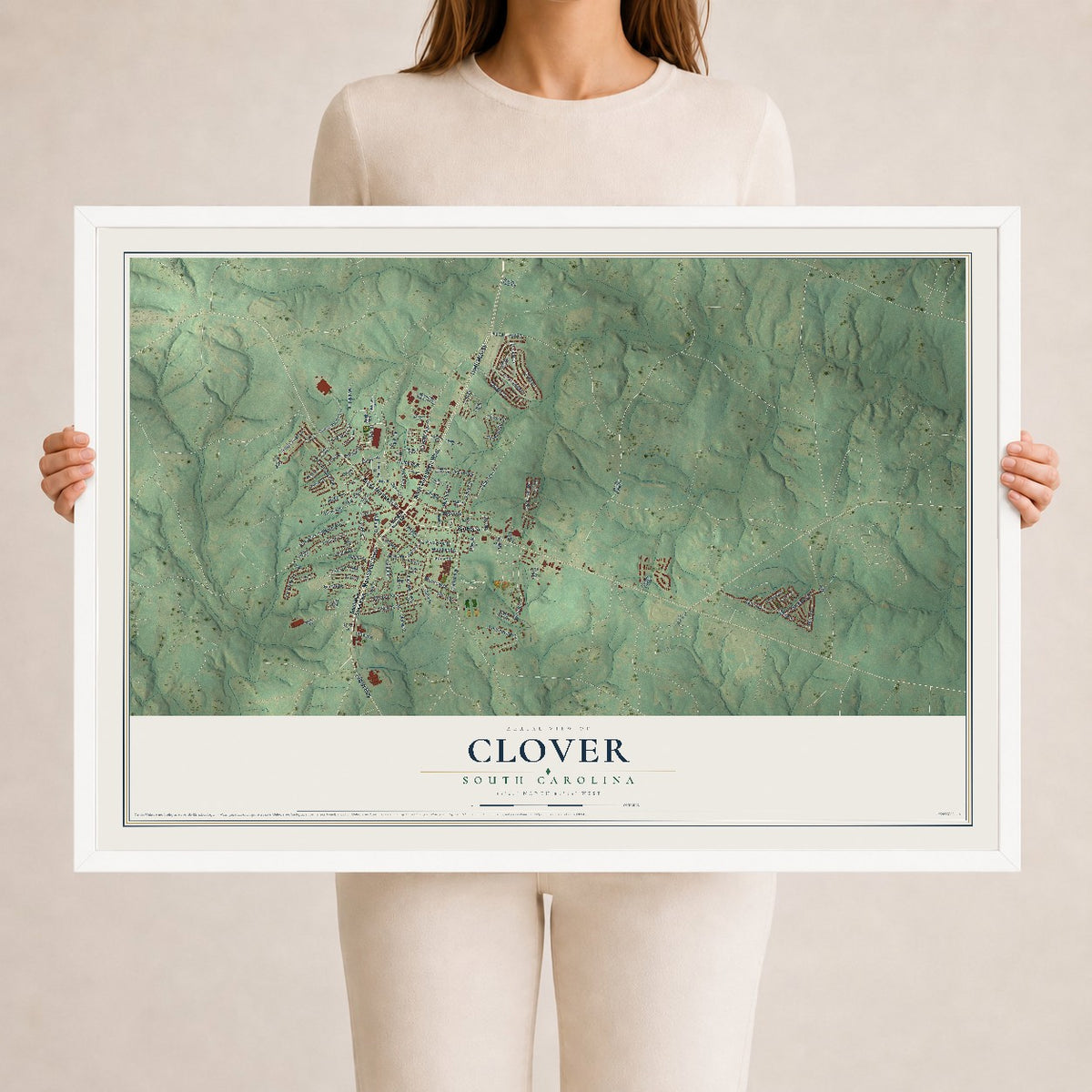 Map of Clover, South Carolina, 24 x 36 inch print in a white wood frame