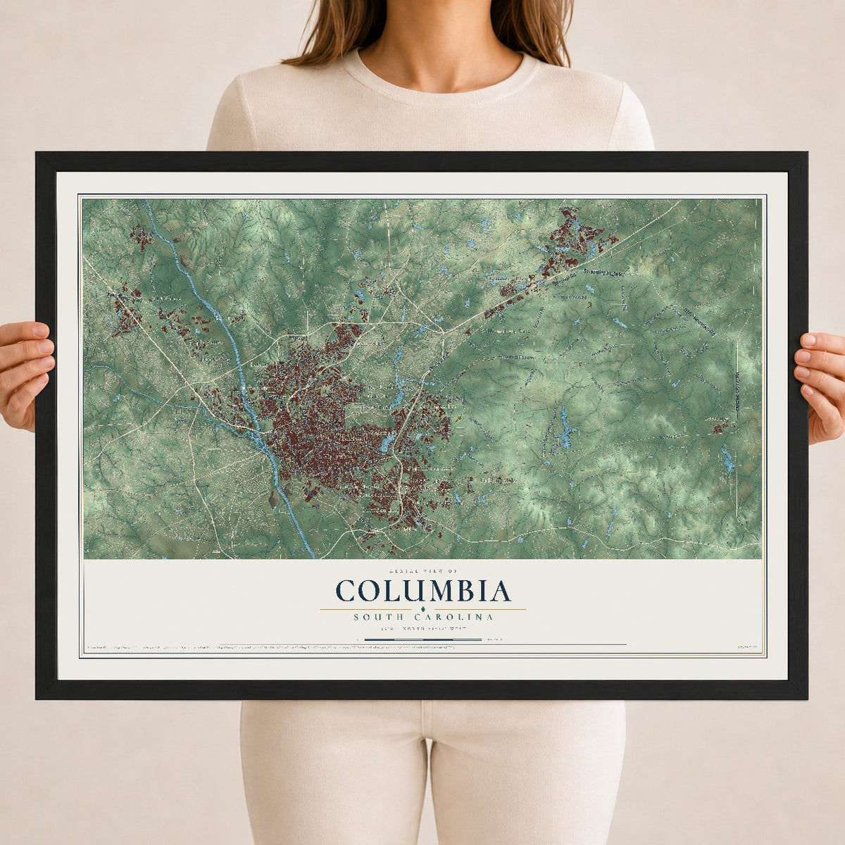 Map of Columbia, South Carolina, 18 x 24 inch print in a black wood frame