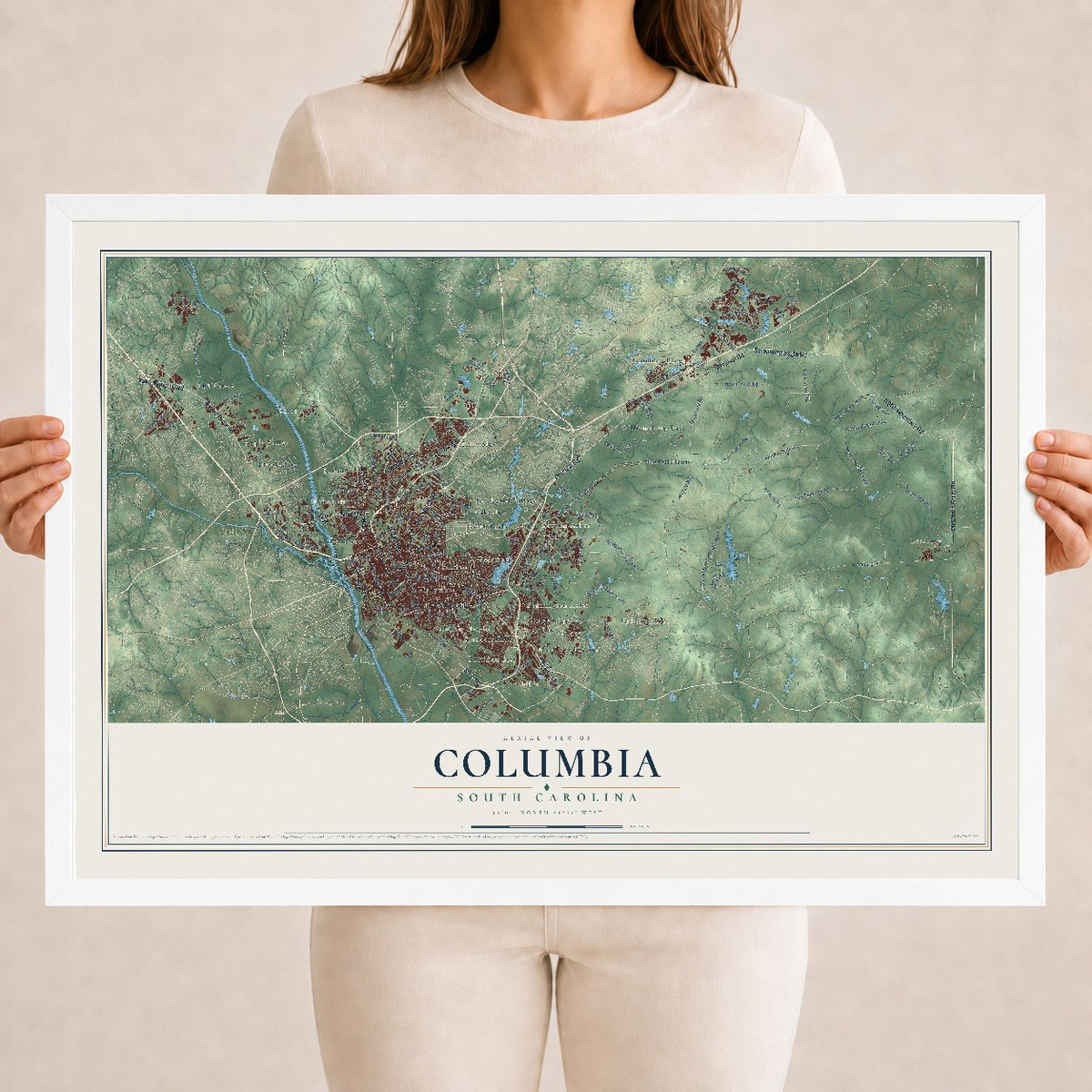 Map of Columbia, South Carolina, 18 x 24 inch print in a white wood frame